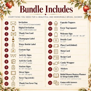 May include: A digital bundle list for a bridal shower featuring twenty-three numbered items with icons and dimensions in inches. The text includes Invitation, Digital Invitation, Thank You Card, Champagne Label, Water Bottle Label, Custom Sign, Activity Signs, Activity Cards, Station Signs, D&eacute;cor Signs, Favor Tags, Cupcake Toppers, Welcome Sign, Details Card, Place Card, Menu Card, Recipe Card, Candy Wrapper, Stickers, Hostess Planner, and Games.