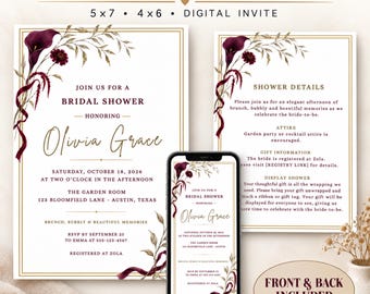 Puede incluir: Un conjunto de invitaciones para despedida de soltera editable con calas de color burdeos oscuro y follaje. El diseño incluye bordes dorados, tipografía elegante y texto con detalles del evento, fecha, ubicación e información de RSVP.