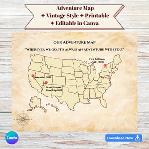 Cadeau de carte d'aventure personnalisée • Impression souvenir de voyage personnalisée • Modèle de toile modifiable pour amis, couples, grands-parents • Téléchargement numérique