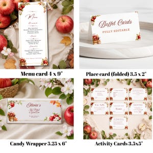 May include: A collection of printable event stationery featuring an apple and autumn leaf motif. Includes a 4 x 9 inch menu card, a 3.5 x 2 inch folded buffet place card, a 5.25 x 6 inch candy wrapper, and various 3.5 x 5 inch activity cards.