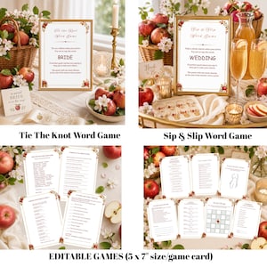 May include: A collection of printable wedding game cards featuring autumn apple motifs, including Tie the Knot and Sip & Slip word games, with 5 by 7 inch dimensions, displayed alongside baskets of red apples, candles, and glassware.