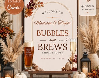 Puede incluir: Un letrero de bienvenida de boda rectangular con fondo crema y borde arqueado. El texto dice: Welcome to Madison & Taylor, Bubbles and Brews, Bridal Shower, October 18, 2026. Presenta ilustraciones de cerveza, champán y hojas de otoño.