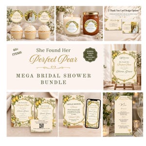 May include: A bridal shower stationery bundle featuring a pear and greenery botanical theme. Includes cupcake toppers, candle labels, thank you cards, a welcome sign, invitations, RSVP cards, display shower signs, and menu cards with gold text.
