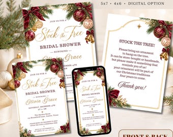 Puede incluir: Un conjunto de plantillas digitales de invitación para despedida de soltera con temática navideña, adornos rojos y dorados, ramas de pino y lazos. El texto incluye Stock the Tree, Bridal Shower y detalles del evento.