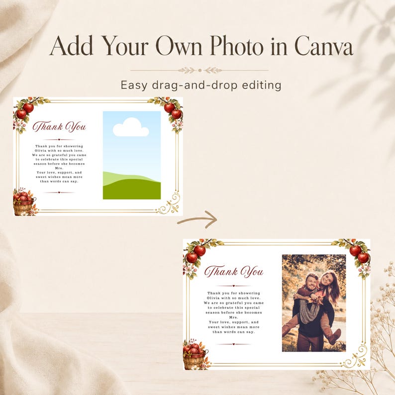 May include: A digital thank you card template featuring a gold border, red apple illustrations, and text that reads Thank You. The design includes a placeholder for a photo, shown both empty and filled with a picture of a couple in a forest.