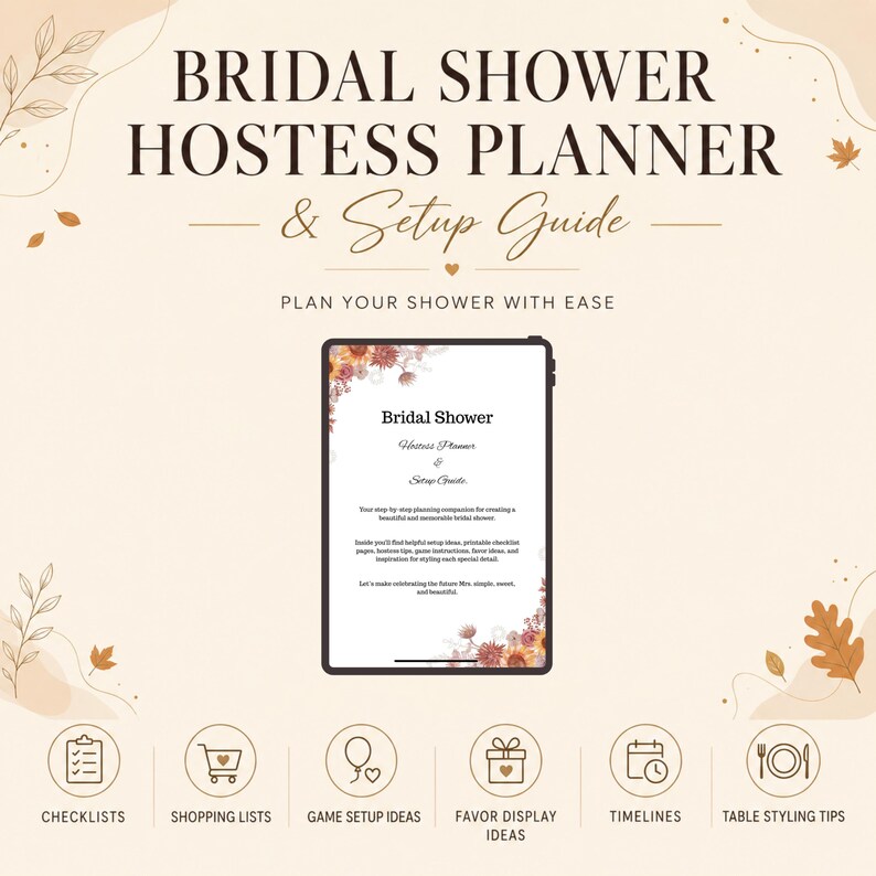 May include: A digital bridal shower hostess planner and setup guide displayed on a tablet screen. The text reads Bridal Shower Hostess Planner & Setup Guide. Below are icons for checklists, shopping lists, game ideas, favor displays, and timelines.