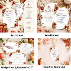 May include: A collection of bridal shower stationery featuring an apple and autumn floral theme. Includes invitations, details cards, recipe cards, and thank you tags with text such as She Picked A Good One and Thank You, with visible 5x7 and 2x3.5 inch labels.
