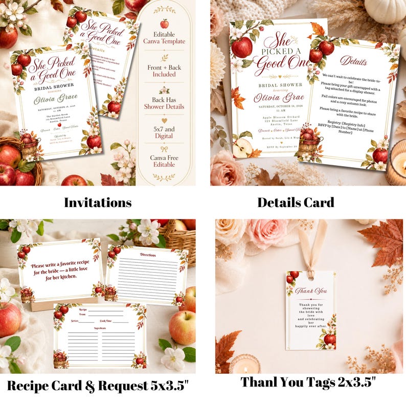 May include: A collection of bridal shower stationery featuring an apple and autumn floral theme. Includes invitations, details cards, recipe cards, and thank you tags with text such as She Picked A Good One and Thank You, with visible 5x7 and 2x3.5 inch labels.