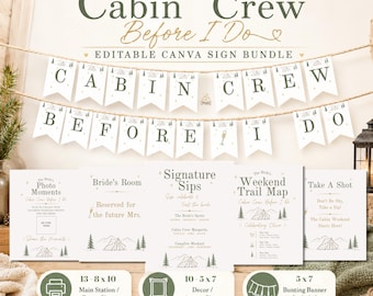 Puede incluir: Un conjunto de letreros de boda imprimibles con un tema de cabaña rústica. Los letreros incluyen frases como "Cabin Crew Before I Do", "Signature Sips" y "Weekend Trail Map". El paquete incluye letreros principales y de habitación, letreros decorativos y una guirnalda.
