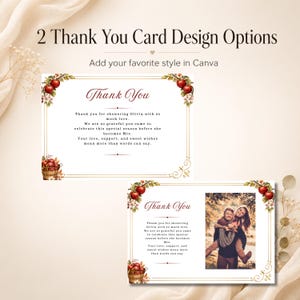 May include: Two thank you card design options with the text 2 Thank You Card Design Options and Add your favorite style in Canva. The cards feature a gold border, red apple illustrations, and text thanking guests for showering Olivia.