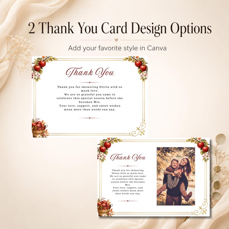 May include: Two thank you card design options with the text 2 Thank You Card Design Options and Add your favorite style in Canva. The cards feature a gold border, red apple illustrations, and text thanking guests for showering Olivia.