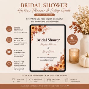 A digital bridal shower hostess planner and setup guide PDF featuring 28 pages. The cover displays the text Bridal Shower Hostess Planner & Setup Guide with floral graphics in shades of orange, brown, and cream, plus icons.