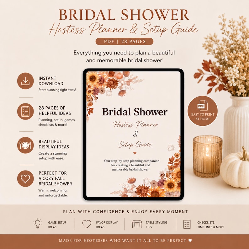 A digital bridal shower hostess planner and setup guide PDF featuring 28 pages. The cover displays the text Bridal Shower Hostess Planner & Setup Guide with floral graphics in shades of orange, brown, and cream, plus icons.