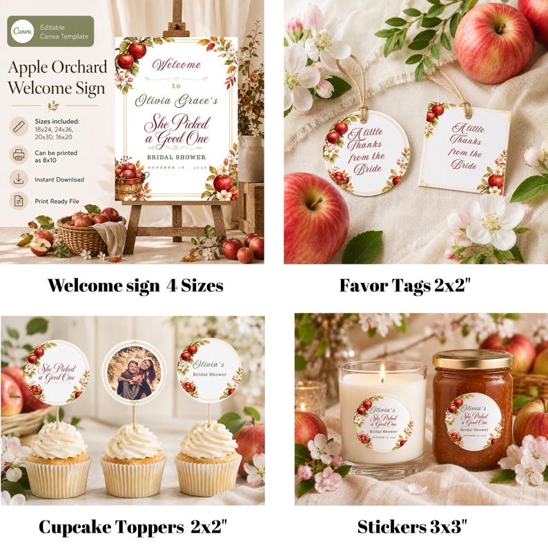 May include: A collection of bridal shower stationery featuring an apple orchard theme with red apples and white blossoms. Includes a welcome sign, 2x2 inch favor tags, cupcake toppers, and 3x3 inch stickers, all displaying the text She Picked a Good One.