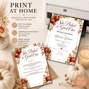 May include: A 5x7 inch bridal shower invitation template featuring an apple orchard theme with red apples, autumn leaves, and white flowers. The text reads She Picked a Good One, Olivia Grace, and includes event details. The design is editable in Canva.