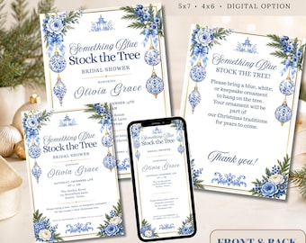 Puede incluir: Un conjunto de tarjetas de invitación para despedida de soltera y una pantalla de teléfono con un diseño floral azul y blanco, adornos navideños, ramas de pino y el texto Something Blue Stock the Tree, 5x7, 4x6, para Olivia Grace.