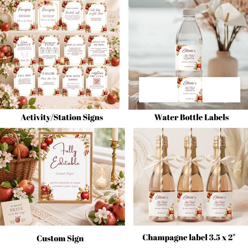 May include: A collection of bridal shower stationery featuring apple and floral motifs. Includes activity signs, water bottle labels with text reading Olivia's She Picked a Good One, a custom sign, and champagne labels measuring 3.5 by 2 inches.