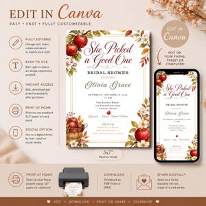 May include: A 5x7 inch bridal shower invitation template featuring a watercolor apple theme with red apples, green leaves, and white blossoms. The text reads She Picked a Good One, Bridal Shower, honoring Olivia Grace, Saturday, October 18, 2026.