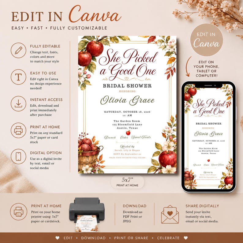 May include: A 5x7 inch bridal shower invitation template featuring a watercolor apple theme with red apples, green leaves, and white blossoms. The text reads She Picked a Good One, Bridal Shower, honoring Olivia Grace, Saturday, October 18, 2026.