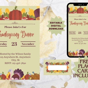 Editable Thanksgiving Invitation Template – Digital Download with Free Matching Place Card, Canva Customizable