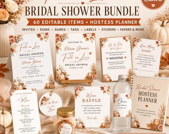 Fall Bridal Shower Bundle, White Pumpkin Floral, Printable Rustic Editable Canva