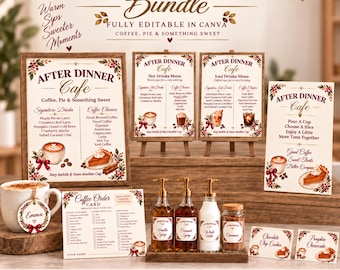 Puede incluir: Un paquete para barra de café con letreros, menús y etiquetas imprimibles de temática festiva. El conjunto incluye carteles de After Dinner Cafe, menús de bebidas, tarjetas de pedido, botellas de jarabe y etiquetas, decorados con café y pasteles.