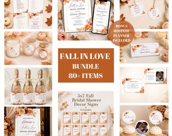 May include: A Fall in Love bridal shower bundle featuring over 80 items including printed invitations, games, decor signs, thank you cards, cupcake toppers, and bottle labels, all decorated with autumn floral motifs and gold accents.