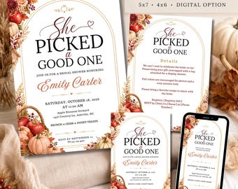 Puede incluir: Un conjunto de plantillas de invitación para despedida de soltera con el texto She Picked A Good One, decorado con ilustraciones de calabazas, manzanas y follaje otoñal. El diseño incluye un marco dorado arqueado y espacios para detalles.