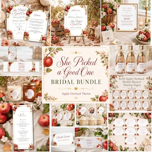 May include: A bridal shower stationery bundle featuring an apple orchard theme with red apples and white blossoms. The collection includes invitations, welcome signs, menu cards, bottle labels, buffet cards, and game signs with the text She Picked a Good One.