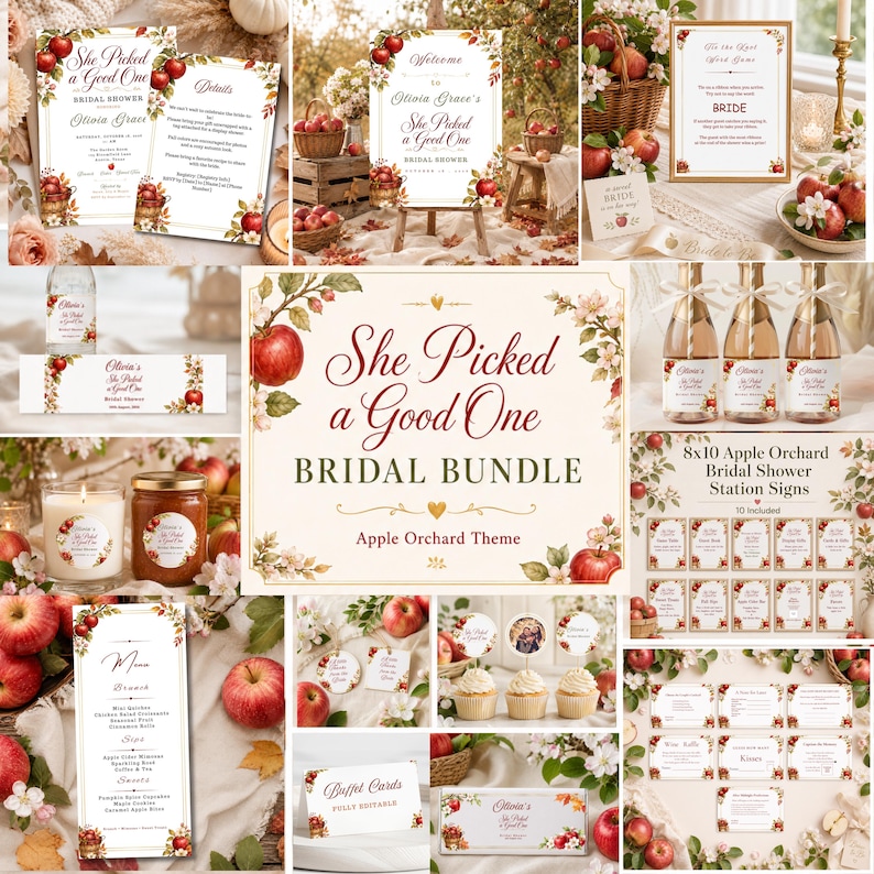 May include: A bridal shower stationery bundle featuring an apple orchard theme with red apples and white blossoms. The collection includes invitations, welcome signs, menu cards, bottle labels, buffet cards, and game signs with the text She Picked a Good One.