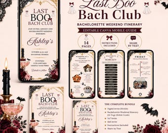Puede incluir: Un conjunto de plantillas digitales para itinerario de fin de semana de despedida de soltera titulado Last Boo Bach Club con guías móviles, invitaciones de 5x7 y 4x6 e instrucciones. El diseño incluye fantasmas, rosas rojas y encaje negro.