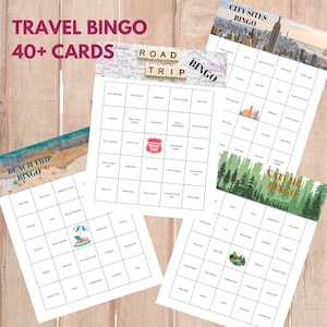 Pacote de Bingo Infantil para Imprimir | 4 Temas Divertidos em um Só Conjunto | Cartões de Bingo para Viagem de Carro, Praia, Natureza e Cidade | Download Instantâneo em PDF