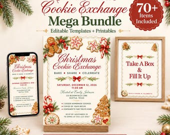 Puede incluir: Un paquete de intercambio de galletas navideñas con plantillas editables e imprimibles. El conjunto incluye una pantalla de teléfono, una tarjeta de invitación grande y un letrero enmarcado que dice Take A Box & Fill It Up, decorado con galletas.