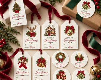 Puede incluir: Una colección de etiquetas de regalo blancas rectangulares y circulares con ilustraciones navideñas festivas que incluyen árbol, ciervo, casa, adorno, calcetines, campanas, corona, vela, regalos y muérdago con el texto Merry Christmas y From Olivia.