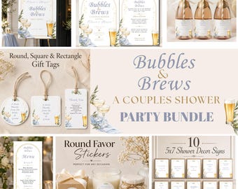 May include: A Bubbles and Brews couples shower party bundle featuring printable signs, invitations, gift tags, and favor stickers. The designs include illustrations of champagne glasses, beer mugs, and blue floral accents with gold text details.