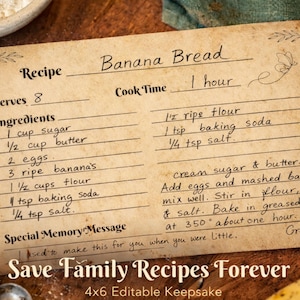 Puede incluir: Una tarjeta de receta de estilo vintage para pan de plátano, con instrucciones e ingredientes manuscritos. La tarjeta incluye una lista de ingredientes como 1 taza de azúcar, 1/2 taza de mantequilla y 2 huevos. El texto "Save Family Recipes Forever" está en la parte inferior.