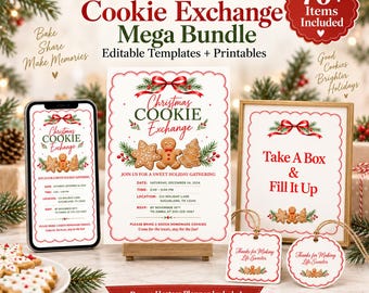 Puede incluir: Un paquete de intercambio de galletas navideñas con plantillas editables e imprimibles. Incluye una pantalla de teléfono, una invitación grande, un letrero que dice Take A Box & Fill It Up y dos etiquetas con el texto Thanks for Making Life Sweeter.