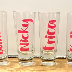 Custom name shot glasses, shot glasses with personalized name, bachelorette party shot glasses, friends shot glasses, shot glasses with name