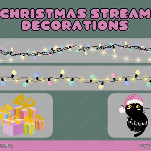 2x Pastel Christmas Twinkle Lights Twitch Stream Decoration | Xmas Cat | Presents | Hanging Christmas Balls, Christmas Twitch Overlay
