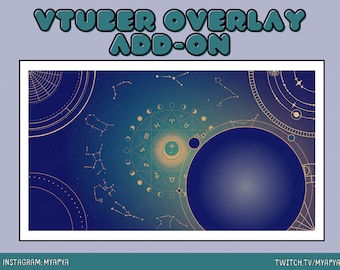 May include: A digital overlay design for VTubers, featuring a celestial theme with constellations, zodiac symbols, and a gradient blue and gold color scheme. The text "VTUBER OVERLAY ADD-ON" is at the top. Instagram and Twitch handles are at the bottom.
