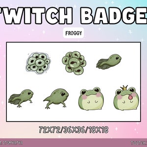 Frog Twitch Sub/Bit Badges Package | Emojis | Emotes | Channel Art - Cute Kawaii Vibrant Growing frogs Badge Set