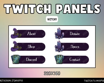 Witch Twitch Panels Package | Emojis | Emotes | Channel Art - Cute Kawaii Witchy Goth Panel Set Witch Crystal