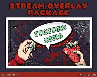 Spooky Comic Horror Animated Scene Overlay Package per Twitch, Impostazione estetica Spooky Witch Halloween Blood / Starting Soon / BRB / Pannelli