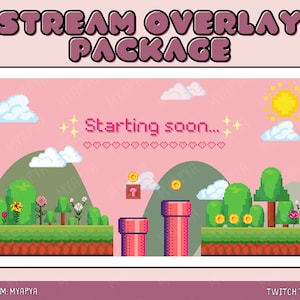 レトロ マリオ ピクセル アニメーション Twitch シーン オーバーレイ パッケージ、美しくキュートなセットアップ レトロ ピンク ピクセル | 近日開始 | BRB | パネル