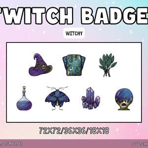 Witchy Twitch Sub/Bit Abzeichen Paket | Emojis | Emotes | Channel Art - Süßes Kawaii Hexenhut Mystisches Badge Set