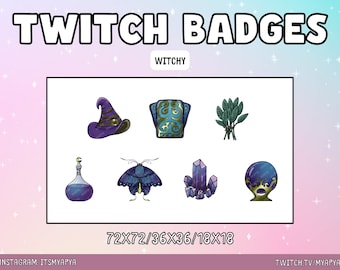 Witchy Twitch Sub/Bit Badges Package | Emojis | Emotes | Channel Art - Cute Kawaii Witch&#39;s Hat Mystical Badge Set