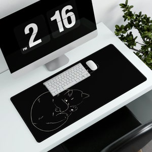 Cat XXL Mouse Mat / Black and White / Kitten Purr / Black Minimal Desk Mat / Mouse Pad / Mechanical Keyboard / Gamer