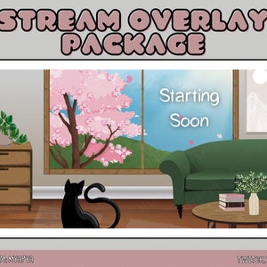 Cat Blossom Animated Twitch Scene Overlay Package, Aesthetic Setup Cute Cosy Cat Cherry Blossom setup Plants | Starting Soon | BRB | Panels