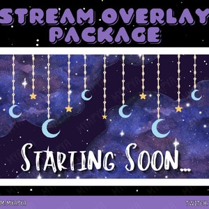 Starry Night Sky Purple Animated Scene Overlay Package para Twitch, Aesthetic Cute Setup Starry Celestial Sky / A partir de pronto / BRB / Paneles