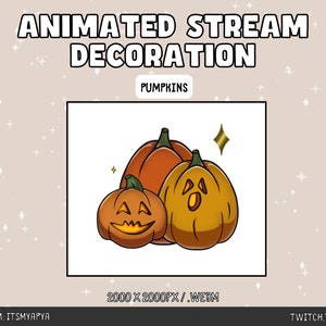 May include: Animated stream decoration featuring three orange pumpkins with carved faces. The pumpkins are arranged in a pile with a gold star above them. The text "PUMPKINS" is above the pumpkins and the text "2000 X 2000PX / WEBM" is below the pumpkins.